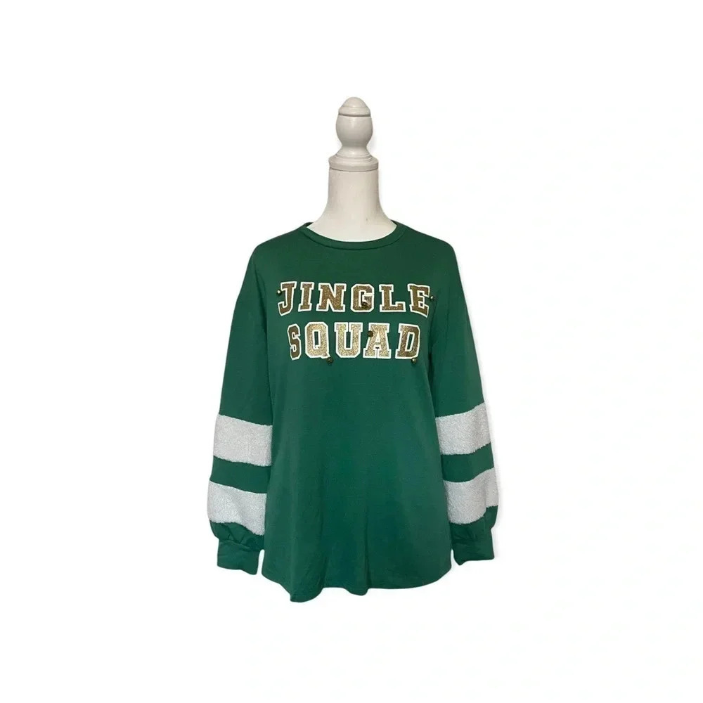 Joyland Green Christmas Holiday Pullover Sweater “Jingle Squad” With Real Bells